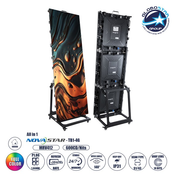GLOBOSTAR® STANDWALL 41008 Διαφημιστικό Stand Προβολής / Οθόνη Video Wall P1.86 Καμπίνα 64x192cm LED 195W 3840Hz 288906 Dots ≥600cd/㎡ Nits AC 220-240V Εσωτερικού Χώρου IP31 Full Color S1/43 14Bits - Κάρτα NovaStar MRV412 - Controller TB1-4G - Kinglight SM