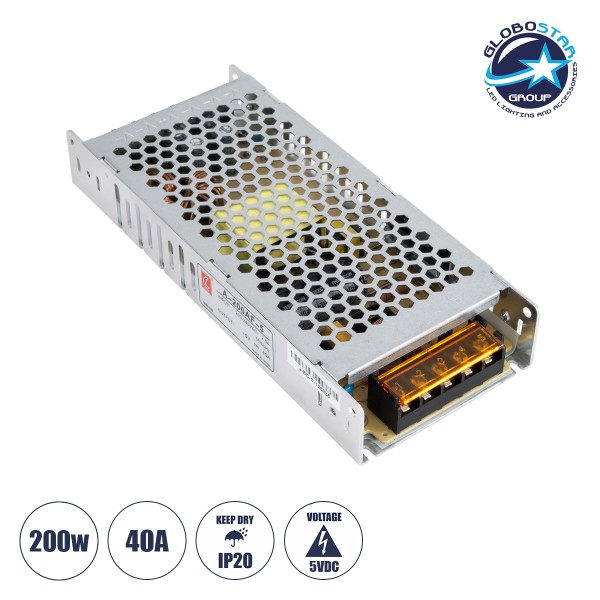GLOBOSTAR® CZCL-A-200AF 41030 Τροφοδοτικό/Μετασχηματιστής PELV 200W 40A DC 5V IP20 για Οθόνες LED Video Wall - AC 220-240V σε DC 5V / Ρυθμιζόμενo από DC 4.5V έως DC 5.8V - Μ19 x Π8 x Υ3cm - 2 Χρόνια Εγγύηση