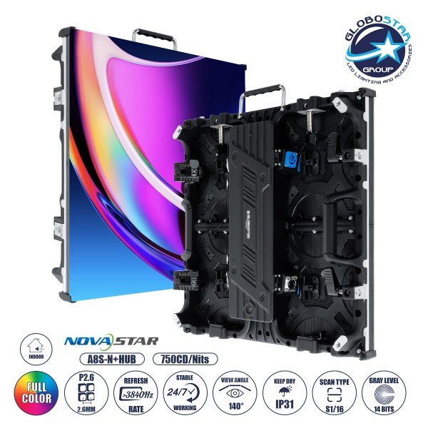 GLOBOSTAR® ILLUMINA 41042 Κυρτή Οθόνη Video Wall P2.6 Καμπίνα 50x50cm LED 160W 3840Hz 36864 Dots ≥750cd/㎡ Nits AC 220-240V Εσωτερικού Χώρου IP31 Full Color S1/16 14Bits - Κάρτα NovaStar A8S-N+HUB - Curved -10/+15 Angle - Προστατευτικά Γωνιών - Kinglight S