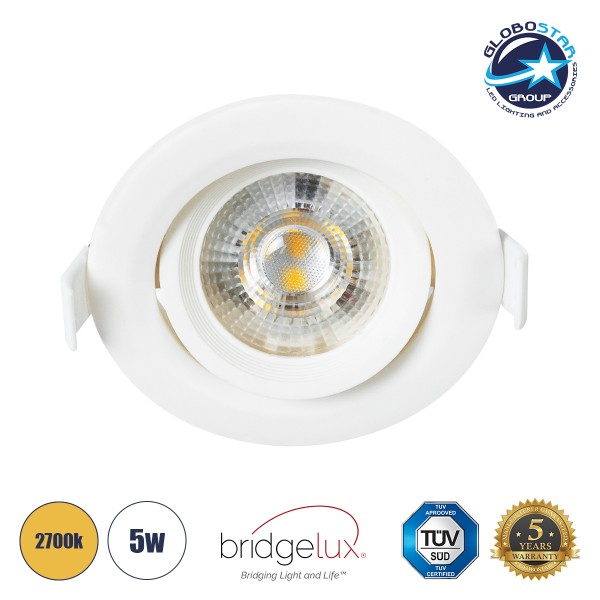 GLOBOSTAR® DE VALERA 60184 Χωνευτό Κινούμενο Downlight Σποτ LED 5W 470lm 60° AC 220-240V IP20 Θερμό Λευκό 2700K - Bridgelux SMD Chip & TÜV SÜD Driver - Λευκό Ματ - Μ9 x Π9 x Υ4cm / Q8cm - 3 Χρόνια Εγγύηση