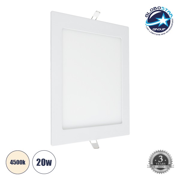 GLOBOSTAR® PANELO 60198 Χωνευτό Panel Οροφής LED 20W 2120lm 120° AC 220-240V IP20 Φυσικό Λευκό 4500K - Lumileds SMD Chip & TÜV SÜD Driver - Λευκό Γαλακτερό - Μ22.5 x Π22.5 x Υ1.9cm / Q20 x 20cm - 3 Χρόνια Εγγύηση