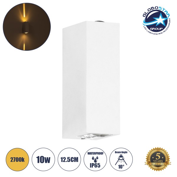 GloboStar® LINOR 60527 Φωτιστικό Τοίχου - Απλίκα Αρχιτεκτονικού Φωτισμού Εσωτερικού/Εξωτερικού Χώρου Up & Down LED 10W 1000lm 60° AC220-240V Αδιάβροχο IP65 - Σώμα Αλουμινίου & Tempered Glass - Μ12.5 x Π6 x Υ4cm - Θερμό Λευκό 2700K - Λευκό - Bridgelux Chip