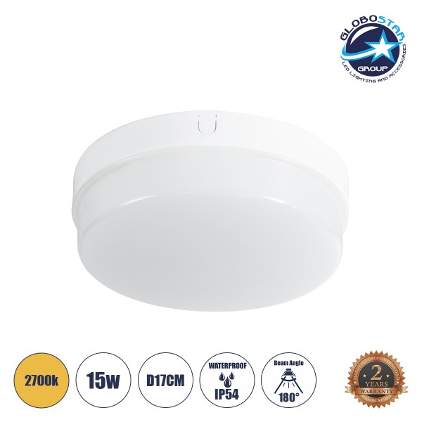 GloboStar® REVANO 61016 LED Πλαφονιέρα Οροφής Στρόγγυλη Φ17 15W 1350lm 180° AC 220-240V Αδιάβροχη IP54 Φ17 x Υ5cm Θερμό Λευκό 2700K - 2 Χρόνια Εγγύηση
