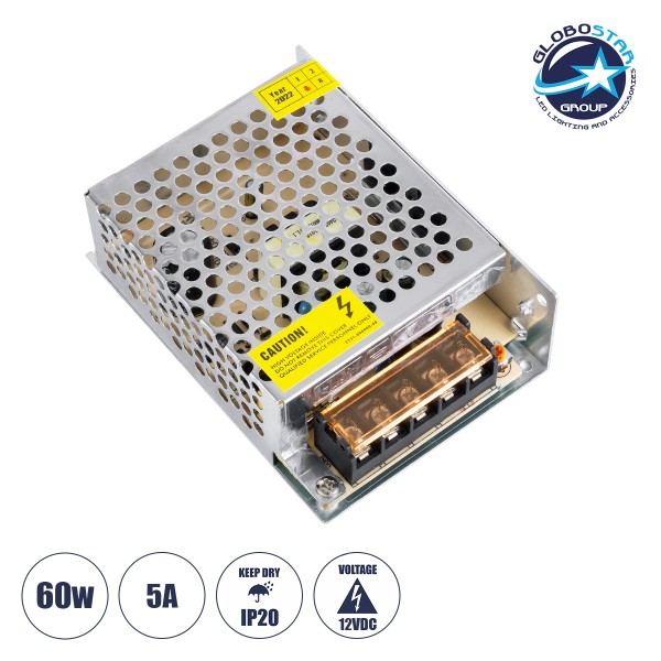 GloboStar® 73033 Μεταλλικό Τροφοδοτικό PELV για Προϊόντα LED 60W 5A - AC 220-240V σε DC 12V - IP20 - Μ11 x Π8 x Υ3.5cm - 2 Χρόνια Εγγύηση