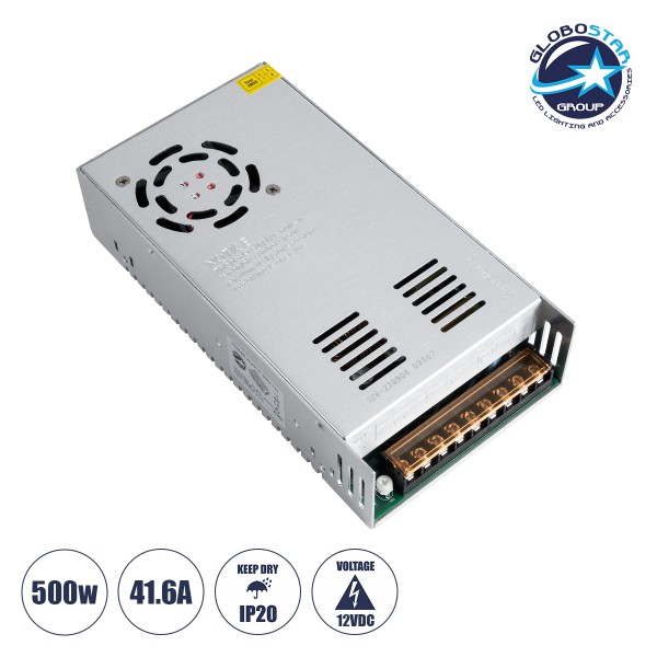 GloboStar® 73038 Μεταλλικό Τροφοδοτικό PELV για Προϊόντα LED 500W 41.6A - AC 220-240V σε DC 12V - IP20 Μ21 x Π11 x Υ5cm - 2 Χρόνια Εγγύηση