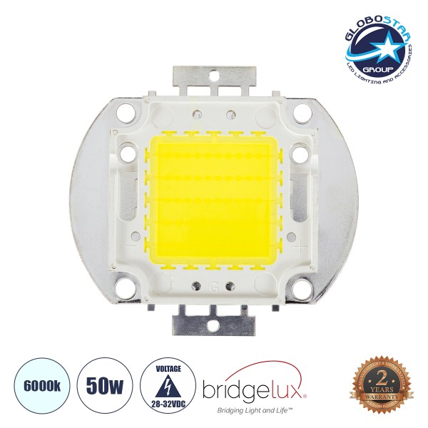 GloboStar® 73762 Υψηλής Ισχύος LED COB BRIDGELUX 50W 4500lm DC 28-32V - Μ5.6 x Π5.2 x Υ0.6cm - Ψυχρό Λευκό 6000K - 2 Χρόνια Εγγύηση