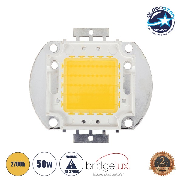 GloboStar® 73765 Υψηλής Ισχύος LED COB BRIDGELUX 50W 4000lm DC 28-32V - Μ5.6 x Π5.2 x Υ0.6cm - Θερμό Λευκό 2700K - 2 Χρόνια Εγγύηση