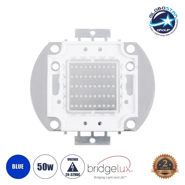 GloboStar® 73774 Υψηλής Ισχύος LED COB BRIDGELUX 50W 2500lm DC 28-32V - Μ5.6 x Π5.2 x Υ0.6cm - Μπλε - 2 Χρόνια Εγγύηση