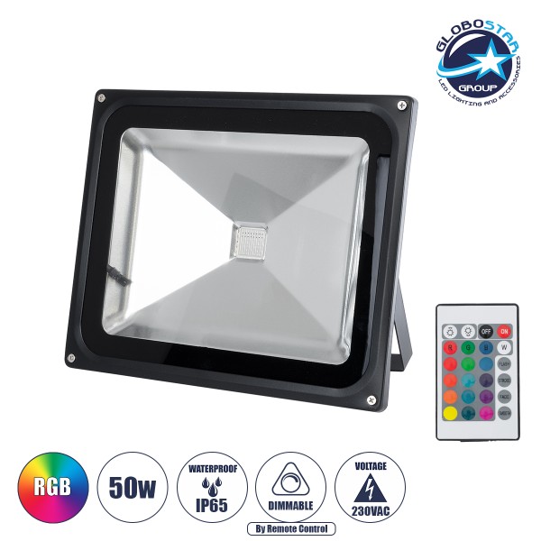GloboStar® 75602 Επαγγελματικός Προβολέας LED 50W 3250lm 120° AC 220-240V Αδιάβροχος IP65 με Ασύρματο Χειριστήριο IR - RGB - Μ28.5 x Π23.5 x Υ10cm - 3 Χρόνια Εγγύηση
