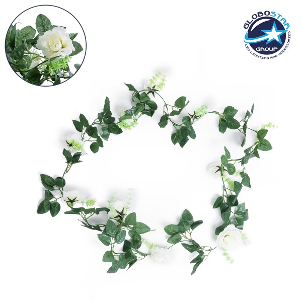 GloboStar® 78131 Τεχνητό Κρεμαστό Φυτό Διακοσμητική Γιρλάντα Λουλουδιών με 10 Λευκά Τριαντάφυλλα & Πράσινο Φύλλωμα Μ12 x Π12 x Υ220cm