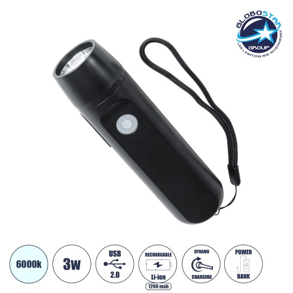 GloboStar® 79021 Φορητός Φακός Χειρός CREE LED 3W 240lm - με Επαναφορτιζόμενη Μπαταρία 1400mAh & Χειροκίνητο Φορτιστή Δυναμό - Ψυχρό Λευκό 6000K - Φ4.1 x Υ15cm