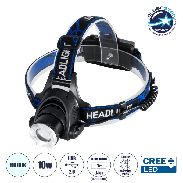GloboStar® 79055 Φακός Κεφαλής Επαναφορτιζόμενος LED CREE XML2-T6 Chip 10 Watt 800lm με 2 x 18650 Μπαταρίες 5200mAh - Ψυχρό Λευκό 6000K - Μ8.5 x Π6.5 x Υ7cm