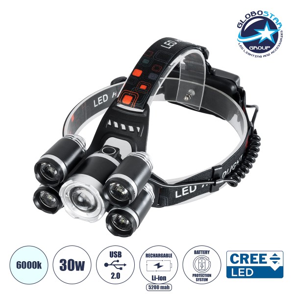 GloboStar® 79059 Φακός Κεφαλής Επαναφορτιζόμενος LED CREE XML2-T6 Chip 30 Watt 2000lm με 2 x 18650 Μπαταρίες 5200mAh Ψυχρό Λευκό 6000K - Μ9 x Π7.5 x Υ9cm
