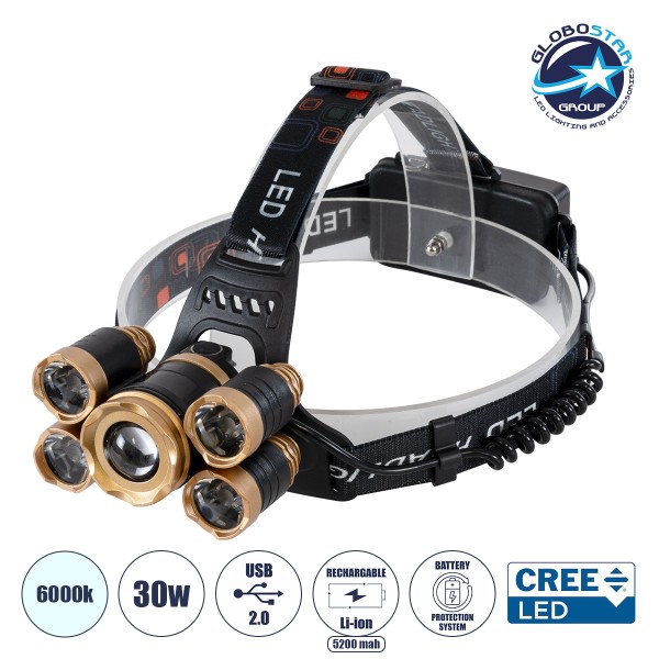 GloboStar® 79060 Φορητός Φακός Κεφαλής LED CREE 30W με Επαναφορτιζόμενη Μπαταρία 5200mAh & Καλώδιο Φόρτισης USB - Ψυχρό Λευκό 6000K - Μ8.5 x Π5.5 x Υ5cm