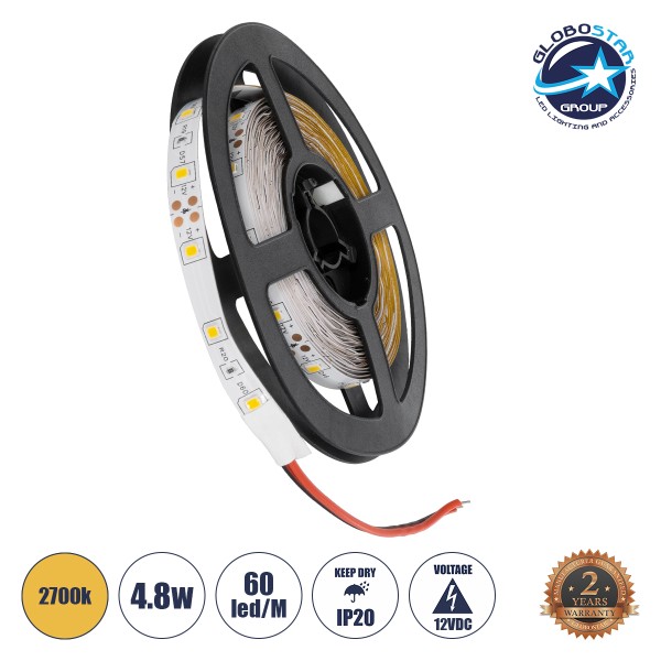 GloboStar® AVILA 90592 Ταινία LED 4.8W/m 260lm/m 120° DC 12V IP20 - 60 x SMD 3528 LED Chip/Μέτρο - Μ5000 x Π8 x Υ2mm - Ρολό 5 Μέτρων - Θερμό Λευκό 2700K - 2 Χρόνια Εγγύηση