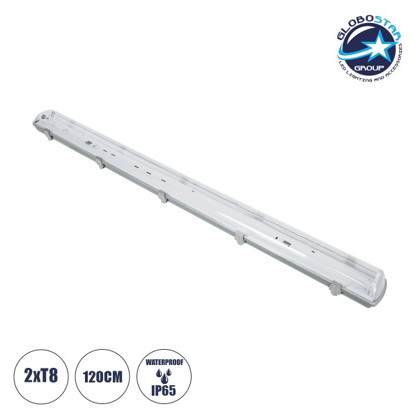 GLOBOSTAR® VIGAS 90613 Γραμμικό Βιομηχανικό Φωτιστικό Σκαφάκι Tri-Proof με Μεταλλικά Clips για 2 x Λάμπες T8 G13 120cm Τύπου Φθορίου LED Τροφοδοσίας Ενός Άκρου 120° AC 220-240V Αδιάβροχο IP65 - Γκρι με Διάφανο Κάλυμμα Πλαστικό PC - Μ126 x Π11.5 x Υ9cm