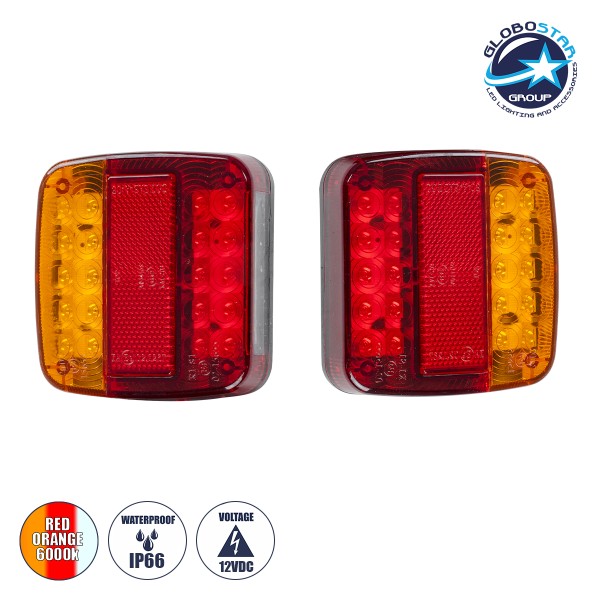 GloboStar® 79930 Ζευγάρι Universal Φανάρια για Τρέιλερ LED - DC 12V - Κόκκινο - Πορτοκαλί - Λευκό - Αδιάβροχα IP66 - Μ10.3 x Π10.3 x Υ3cm - 1 Χρόνο Εγγύηση