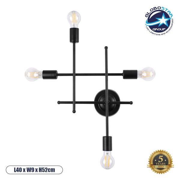 GloboStar® PIPING 00661 Vintage Επιτοίχιο Φωτιστικό Πολύφωτο 4 x E27 AC220-240V IP20 - Μ40 x Π9 x Υ52cm - Μαύρο Μεταλλικό Πλέγμα