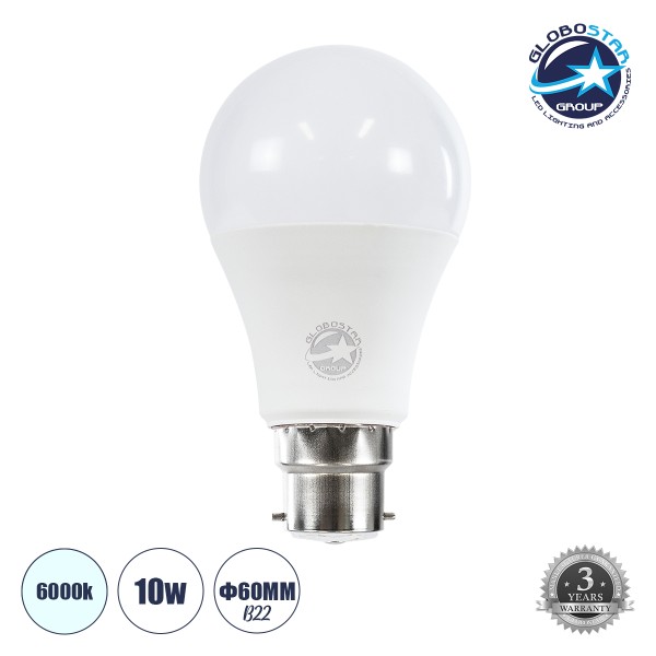 GloboStar® 60051 Λάμπα LED B22 A60 Γλόμπος 10W 1000lm 360° AC 220-240V IP20 Φ6 x Υ11cm Ψυχρό Λευκό 6000K - 3 Χρόνια Εγγύηση