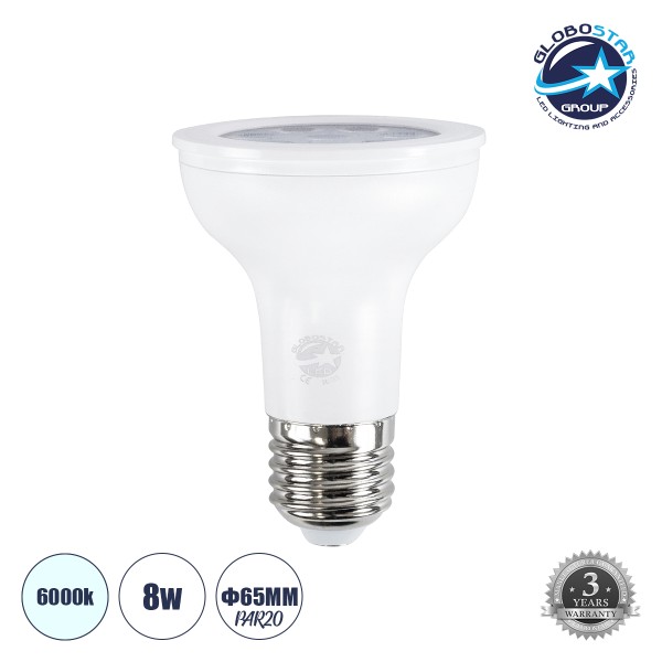 GloboStar® 60081 Λάμπα LED E27 PAR20 8W 800lm 90° AC 220-240V IP20 Φ6.5 x Υ8.5cm Ψυχρό Λευκό 6000K - 3 Χρόνια Εγγύηση