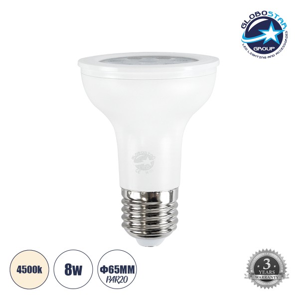 GloboStar® 60082 Λάμπα LED E27 PAR20 8W 776lm 90° AC 220-240V IP20 Φ6.5 x Υ8.5cm Φυσικό Λευκό 4500K - 3 Χρόνια Εγγύηση