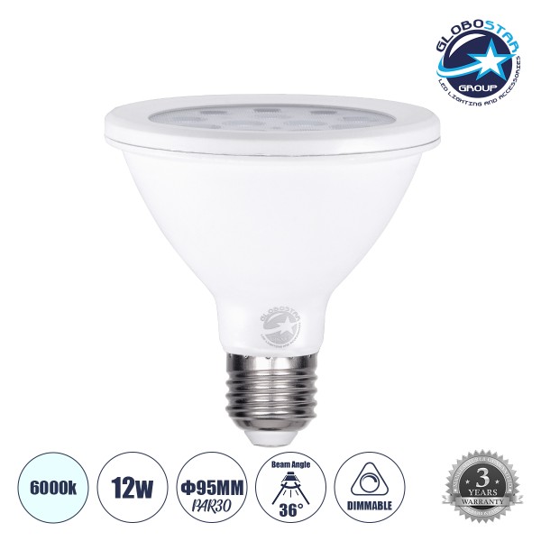 GloboStar® 60084 Λάμπα LED E27 PAR30 12W 1392lm 36° AC 220-240V IP20 Φ9.5 x Υ9.5cm Ψυχρό Λευκό 6000K - 3 Years Warranty
