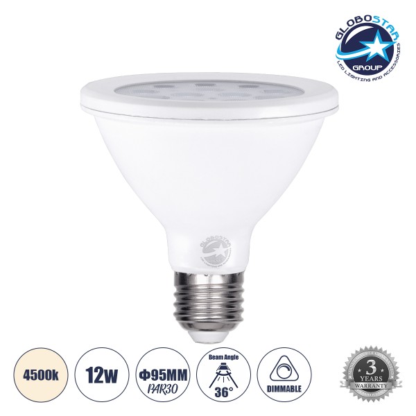 GloboStar® 60085 Λάμπα LED E27 PAR30 12W 1356lm 36° AC 220-240V IP20 Φ9.5 x Υ9.5cm Φυσικό Λευκό 4500K - 3 Years Warranty