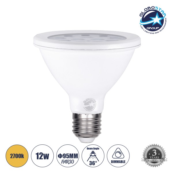 GloboStar® 60086 Λάμπα LED E27 PAR30 Σποτ 12W 1128lm 36° AC 220-240V IP20 Φ9.5 x Υ9.5cm Θερμό Λευκό 2700K - 3 Χρόνια Εγγύηση