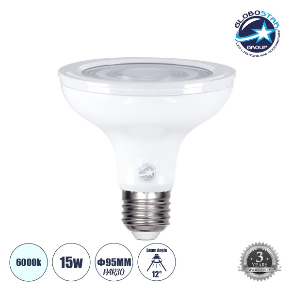 GLOBOSTAR® BEAMPAR 60087 Σποτ E27 PAR30 LED 15W 1500lm 12° AC 220-240V IP20 Ψυχρό Λευκό 6000K - Μ9.5 x Π9.5 x Υ9.5cm - 3 Χρόνια Εγγύηση