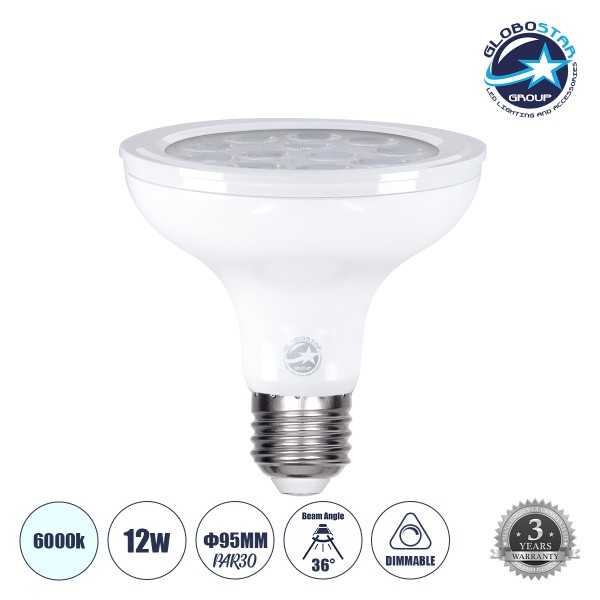 GloboStar® 60090 Λάμπα LED E27 PAR30 Σποτ 12W 1200lm 36° AC 220-240V IP20 Φ9.5 x Υ9.5cm Ψυχρό Λευκό 6000K Dimmable - 3 Χρόνια Εγγύηση