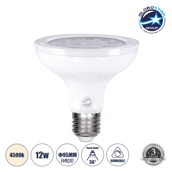 GloboStar® 60091 Λάμπα LED E27 PAR30 Σποτ 12W 1164lm 36° AC 220-240V IP20 Φ9.5 x Υ9.5cm Φυσικό Λευκό 4500K Dimmable - 3 Χρόνια Εγγύηση