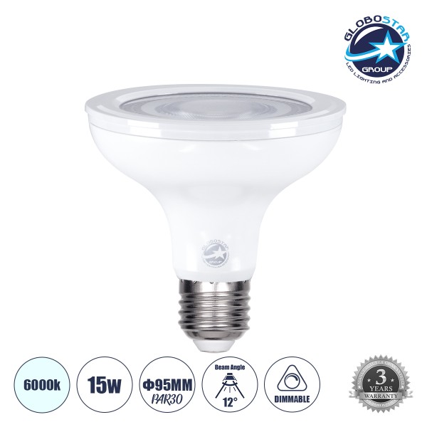 GloboStar® 60093 Λάμπα LED E27 PAR30 Σποτ 15W 1500lm 12° AC 220-240V IP20 Φ9.5 x Υ9.5cm Ψυχρό Λευκό 6000K Dimmable - 3 Years Warranty