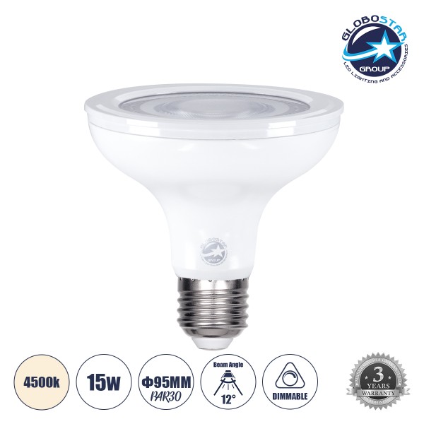 GloboStar® 60094 Λάμπα LED E27 PAR30 Σποτ 15W 1455lm 12° AC 220-240V IP20 Φ9.5 x Υ9.5cm Φυσικό Λευκό 4500K Dimmable - 3 Years Warranty