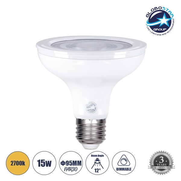 GloboStar® 60095 Λάμπα LED E27 PAR30 Σποτ 15W 1410lm 12° AC 220-240V IP20 Φ9.5 x Υ9.5cm Θερμό Λευκό 2700K Dimmable - 3 Years Warranty