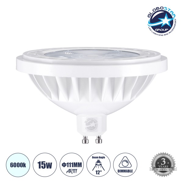 GloboStar® 60132 Σποτ LED GU10 AR111 15W 1740lm 12° AC 220-240V IP20 Φ11 x Υ6.6cm Ψυχρό Λευκό 6000K Dimmable - 3 Years Warranty