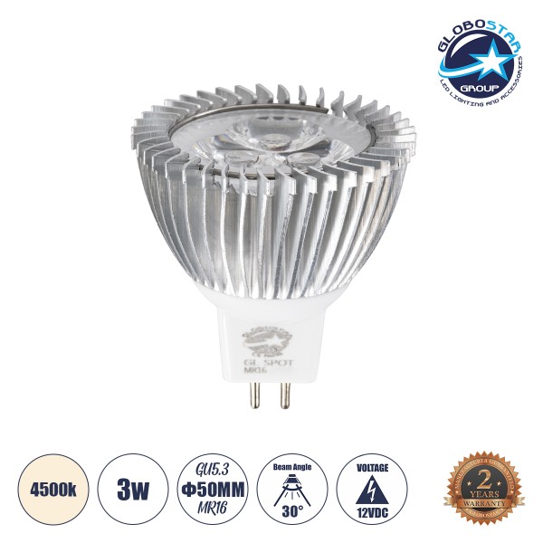 GloboStar® 76021 Σποτ LED GU5.3 MR16 3W 280lm 30° DC 12V IP20 Φ5 x Υ5.2cm Φυσικό Λευκό 4500K - 2 Χρόνια Εγγύηση