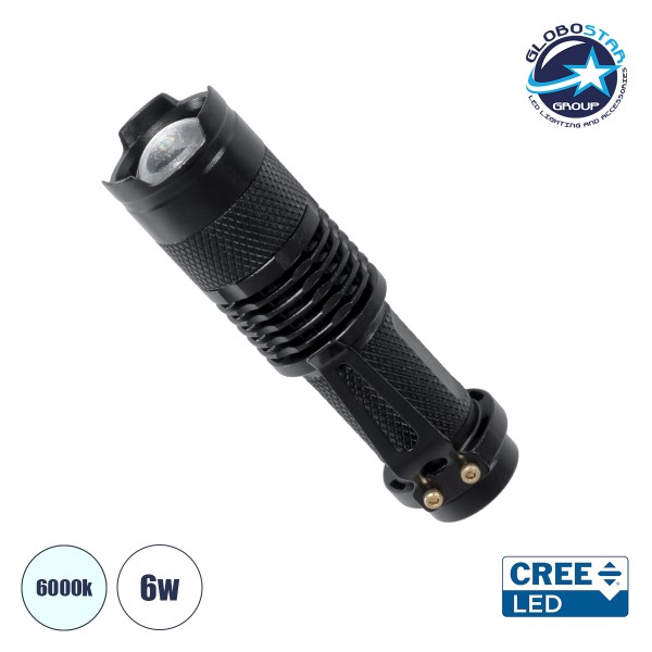GloboStar® 79020 Φορητός Φακός Χειρός CREE LED 6W 480lm - Ψυχρό Λευκό 6000K - Φ2.5 x Υ9.2cm