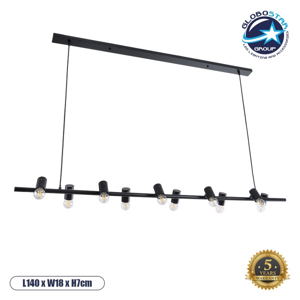 GloboStar® ALFREDA 01242 Μοντέρνο Κρεμαστό Φωτιστικό Ράγα Πολύφωτο 10 x E27 IP20 Μαύρο Μέταλλο - Μ140 x Π18 x Υ7cm