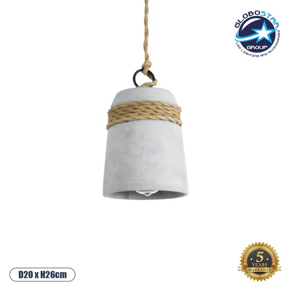 GloboStar® TRIBECA 01319 Μοντέρνο Κρεμαστό Φωτιστικό Καμπάνα Μονόφωτο 1 x E27 IP20 Γκρι Τσιμέντο με Μπεζ Σχοινί - Μ20 x Π20 x Υ26cm