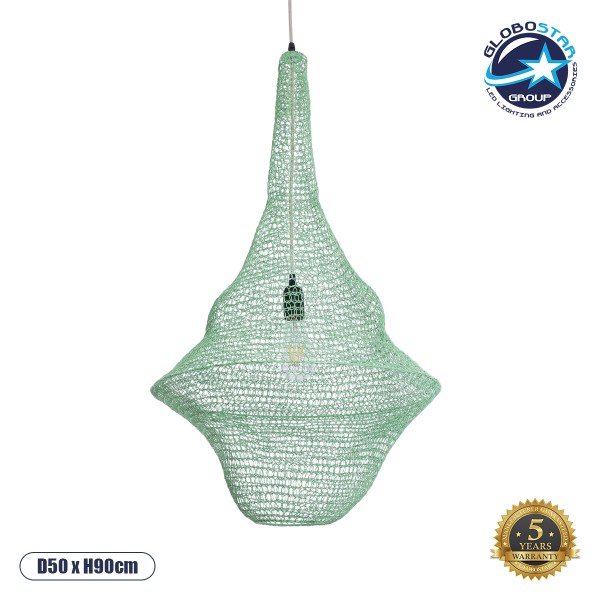 GloboStar® KENTUCKY 01876 Vintage Κρεμαστό Φωτιστικό Οροφής Μονόφωτο 1 x E27 AC220-240V IP20 - Φ50 x Υ90cm - Τιρκουάζ Μεταλλικό Πλέγμα - 5 Χρόνια Εγγύηση