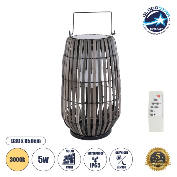 GloboStar® NETLEY 02306 Boho Αυτόνομο Ηλιακό Κρεμαστό/Επιτραπέζιο Φωτιστικό Φαναράκι LED SMD 5W 500lm - Φ30 x Υ50cm - με Ενσωματωμένη Μπαταρία 600mAh - Φωτοβολταϊκό Πάνελ και Αισθητήρα Ημέρας-Νύχτας με Ασύρματο Χειριστήριο IR Γκρι Μπαμπού Αδιάβροχο IP65 Θ