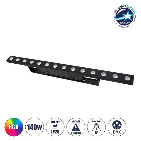 GloboStar® 51204 MEDES Επαγγελματική Μπάρα Φωτισμού Wall Washer LED 14 x 10W 140W 8° AC 220-240V IP20 Πολύχρωμο RGB DMX512 - Μαύρο - Μ100 x Π6.5 x Υ12.5cm - 2 Χρόνια Εγγύση