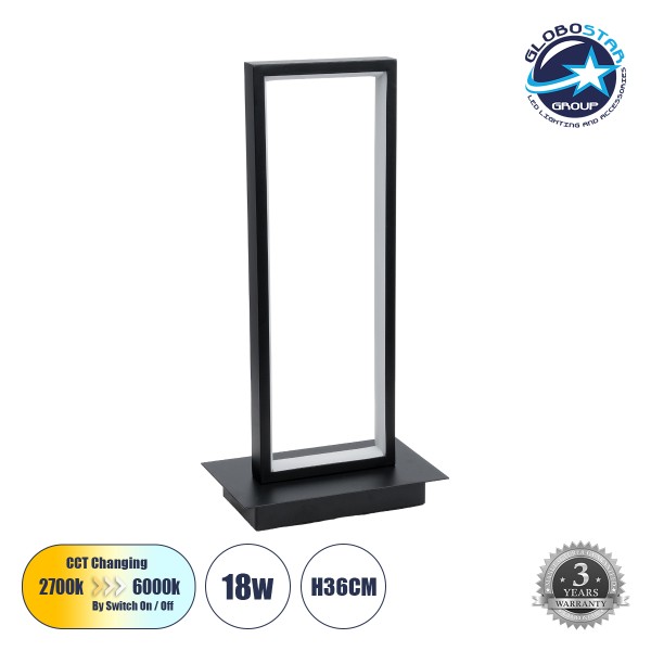 GloboStar® CORNELIE 60460 Επιτραπέζιο Φωτιστικό LED CCT 18W 1980lm 200° AC 220-240V - Εναλλαγή Φωτισμού μέσω Διακόπτη On/Off All In One Ψυχρό 6000k+Φυσικό 4500k+Θερμό 2700k Μ18 x Π10 x Υ36cm - Mαύρο - 3 Χρόνια Εγγύηση