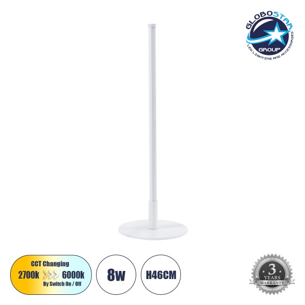 GLOBOSTAR® DALUMA 60468 Μοντέρνο Επιτραπέζιο Φωτιστικό LED 8W 880lm 200° AC 220-240V IP20 Ρυθμιζόμενο Λευκό CCT με On/Off 2700K/4500K/6000K - Lumileds SMD Chip - Λευκό - Μ15 x Π15 x Υ46cm - 3 Χρόνια Εγγύηση