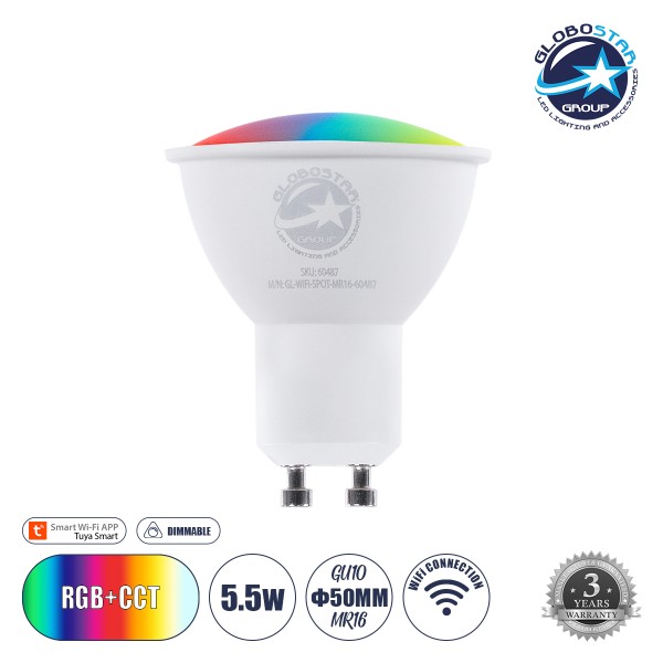 GloboStar® 60487 Έξυπνο Σποτ LED GU10 MR16 Smart Home Wifi  5.5W 550lm 120° AC 220-240V IP20 Φ5 x Υ6.5cm RGB+CCT - Εναλλαγή Φωτισμού & Dimming μέσω Εφαρμογής Tuya - Bridgelux Chip - 3 Χρόνια Εγγύηση
