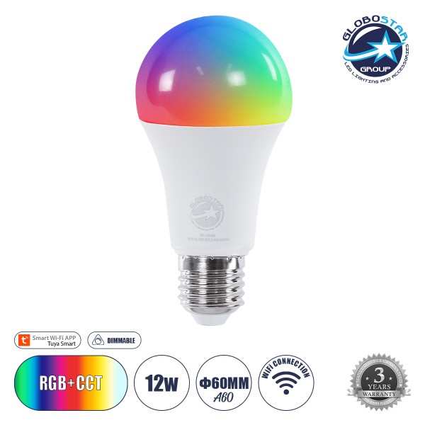 GloboStar® 60490 Έξυπνη Λάμπα LED E27 A60 Γλόμπος Smart Home Wifi 12W 1200lm 260° AC 220-240V IP20 Φ6 x Υ12cm RGB+CCT - Εναλλαγή Φωτισμού & Dimming μέσω Εφαρμογής Tuya - Bridgelux Chip - 3 Χρόνια Εγγύηση