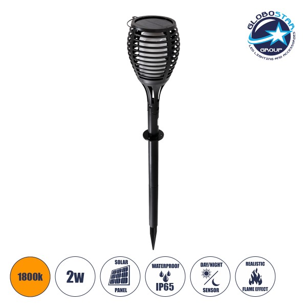 GloboStar® FIAMMA 61549 Αυτόνομο Ηλιακό Καρφωτό Φωτιστικό Κήπου LED SMD 2W 80lm με Ενσωματωμένη Μπαταρία 1500mAh - Φωτοβολταϊκό Πάνελ - Αισθητήρα Ημέρας-Νύχτας Φαναράκι Κήπου - Εφέ Φλόγας Διακοσμητικό - Αδιάβροχο IP65 - 1800K Φ10 x Υ55cm - 2 Χρόνια Εγγύησ