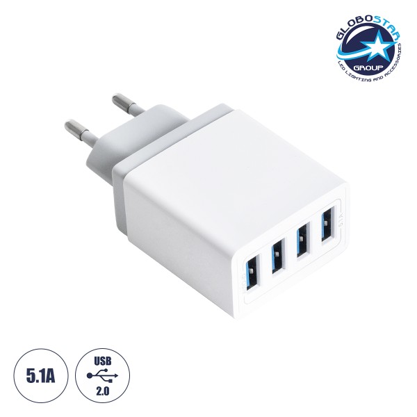 GloboStar® 69997 Φορτιστής Πρίζας Charger 4 x Type-A USB Port DC 5V 5.1A Max 5W