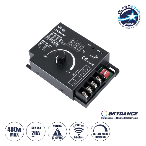 GloboStar® 73117 V1-K SKYDANCE DC RF 2.4Ghz Dimmer PWM Frequency Controller 1 Κανάλι DC 12-24V 1 x 20A 480W - Max 20A 480W - IP20 Μ10.7 x Π7.5 x Υ3.8cm - 5 Χρόνια Εγγύηση