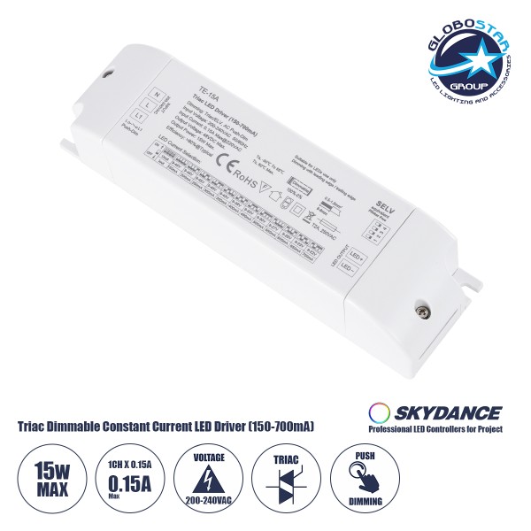 GloboStar® 73133 TE-15A SKYDANCE AC Triac Dimmable Constant Current LED Driver Push Dimming 1 Κανάλι AC 200-240V 1 x 0.15A 15W - Max 0.15A 15W - IP20  Μ15.1 x Π4.1 x Υ3cm - 5 Χρόνια Εγγύηση